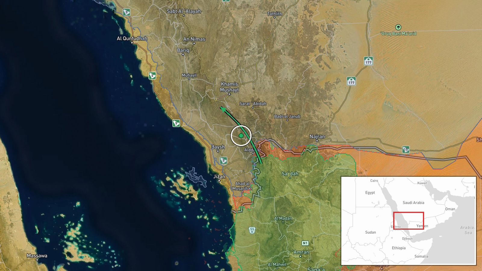 Necran and Abha, Asir Region, Saudi Arabia — Ballistic Missile location map