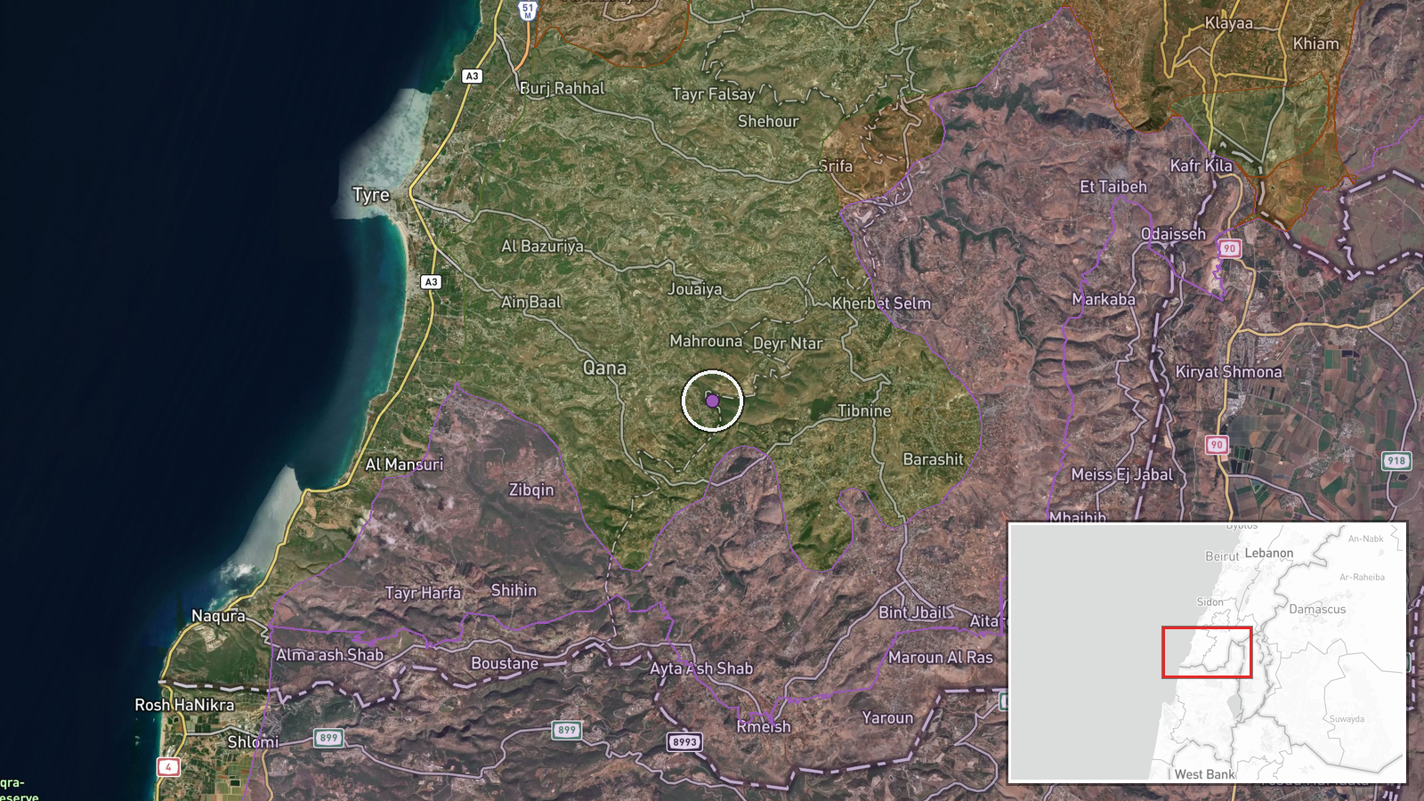 Southern Lebanon — Airstrike location map
