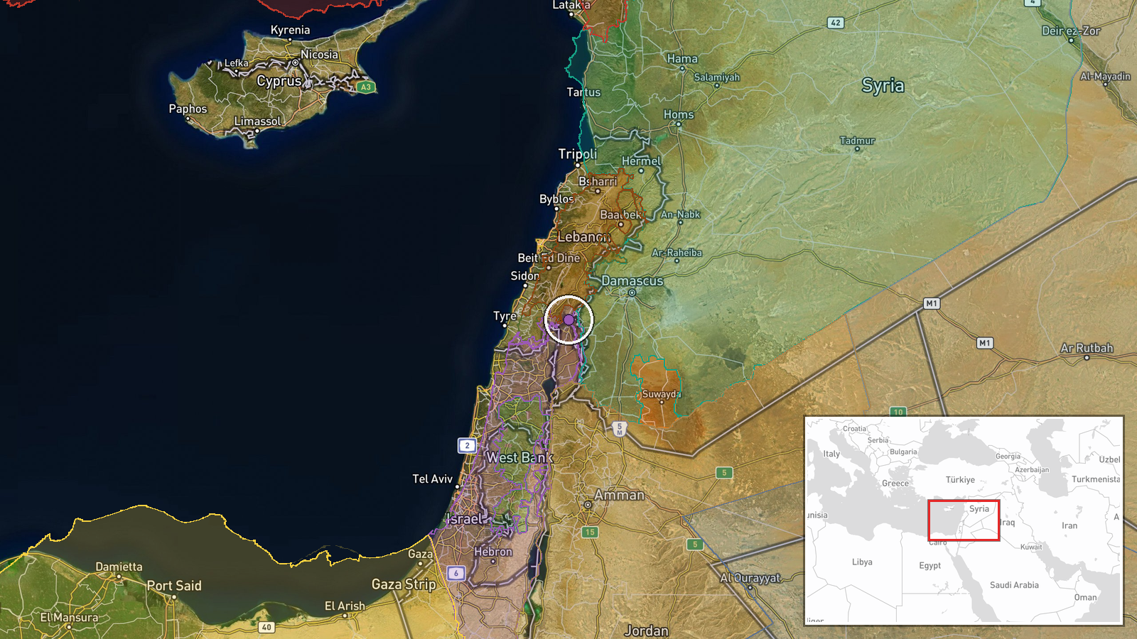 Quneitra Countryside, Quneitra Governorate, Syria — Artillery location map