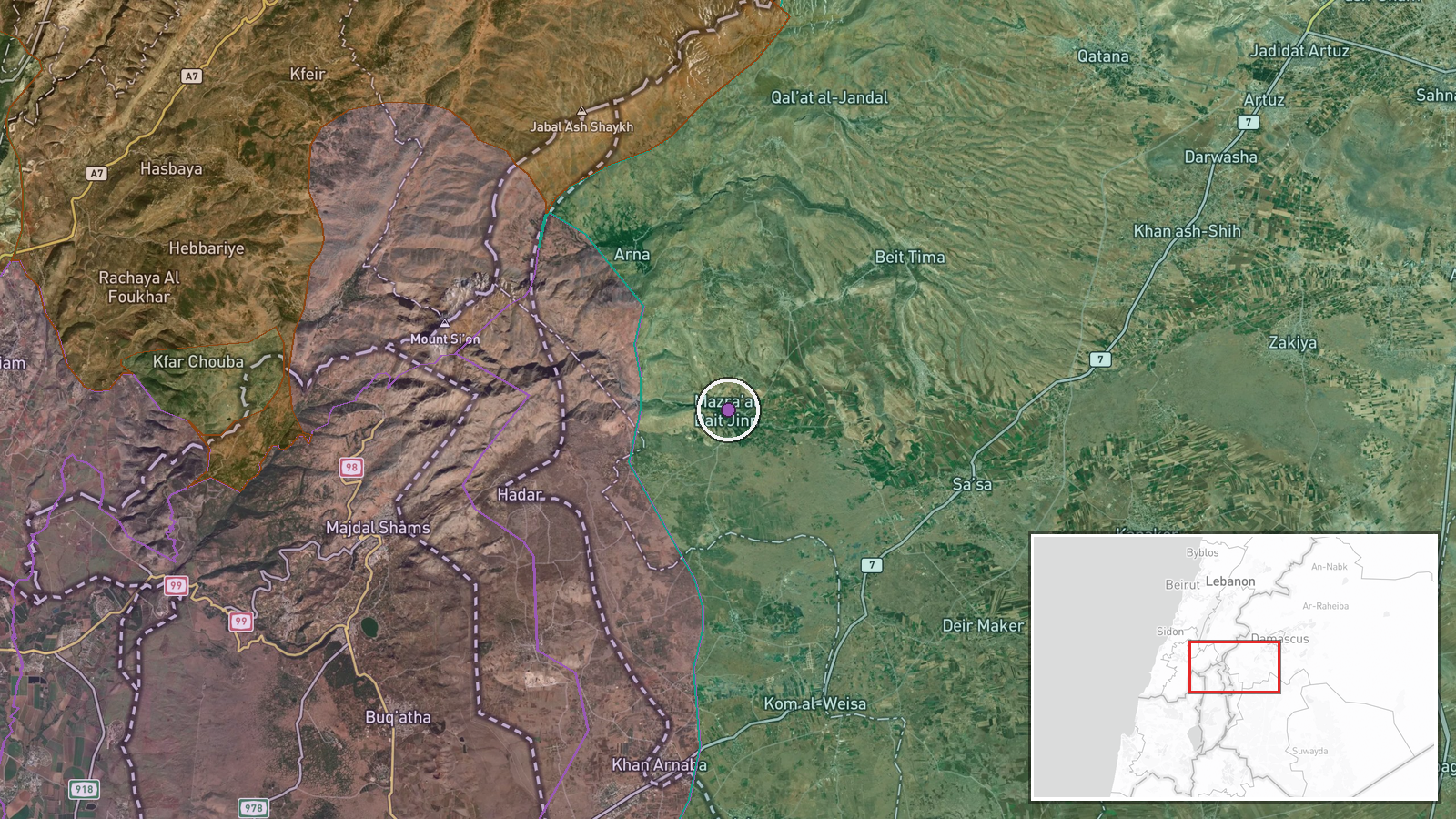 Bayt Jinn, Rif Dimashq Governorate, Syria — Artillery location map