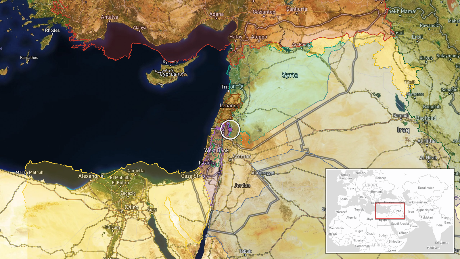 Hadr–Mazari al-Amal Road, Quneitra Governorate, Syria — Security location map