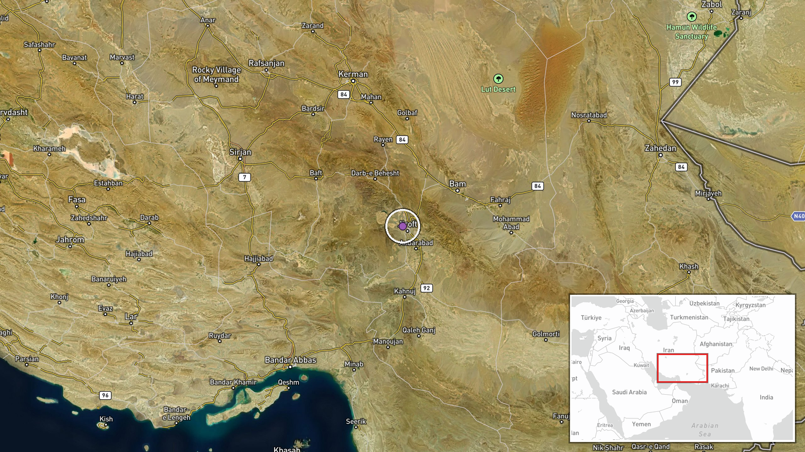 Jiroft Airport, Kerman Province, Iran — Airstrike location map