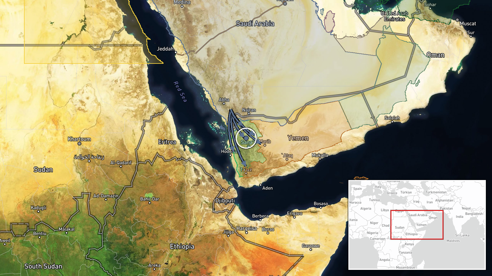 Taiz, Marib, Hodeidah, Al-Jawf, Saada, Amran, Hajjah, Yemen — Airstrike location map