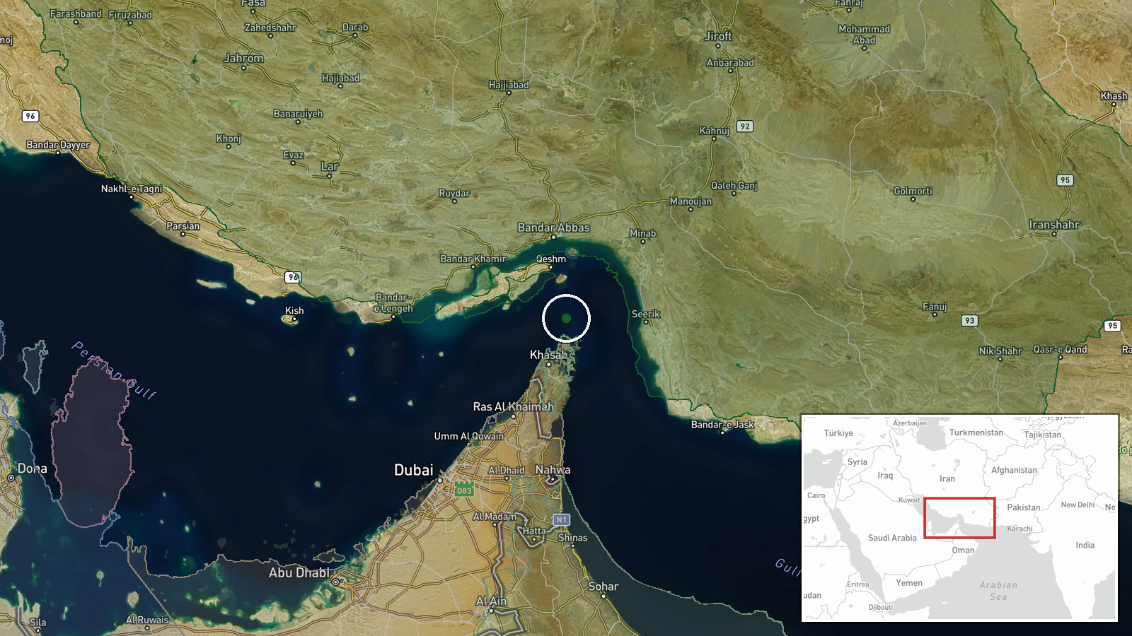 Strait of Hormuz, Persian Gulf — Drone Shootdown location map
