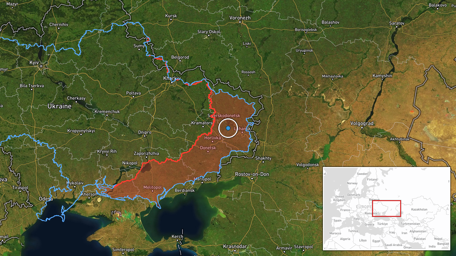 Luhansk Oblast or Donetsk Oblast, Russian-controlled territory — UAS Strike location map