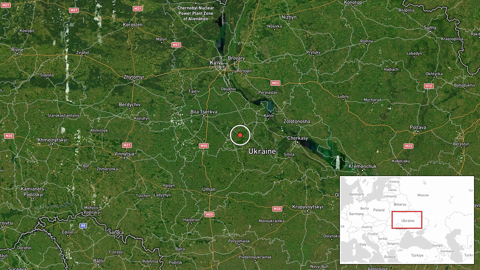 En route: Bohuslav, Cherkasy Oblast → Obukhiv District, Kyiv Oblast, Ukraine — Cruise Missile location map
