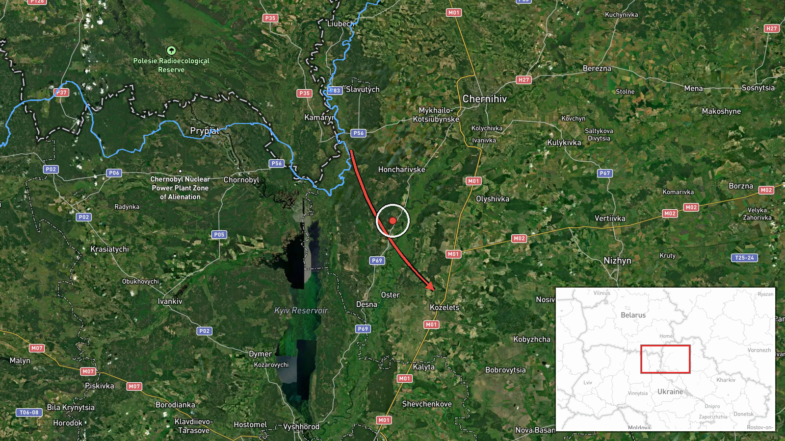 Kozelets, Chernihiv Oblast, Ukraine — Drone Transit location map