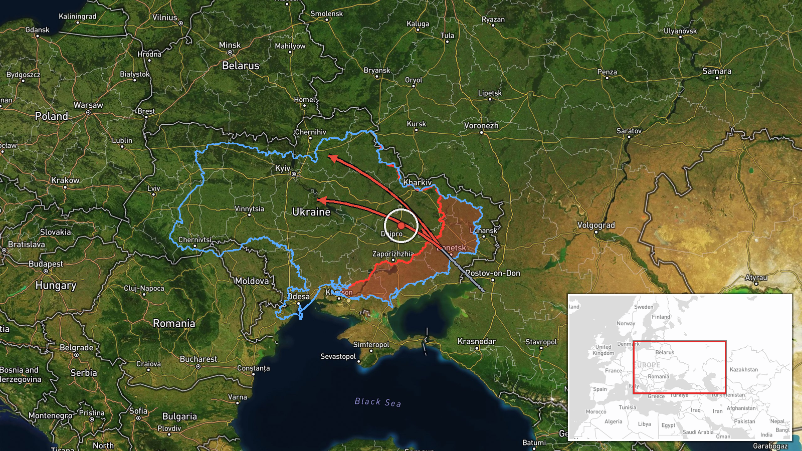 En route: Donetsk Oblast → Kremenchuk, Poltava Oblast, Ukraine — Drone Transit location map