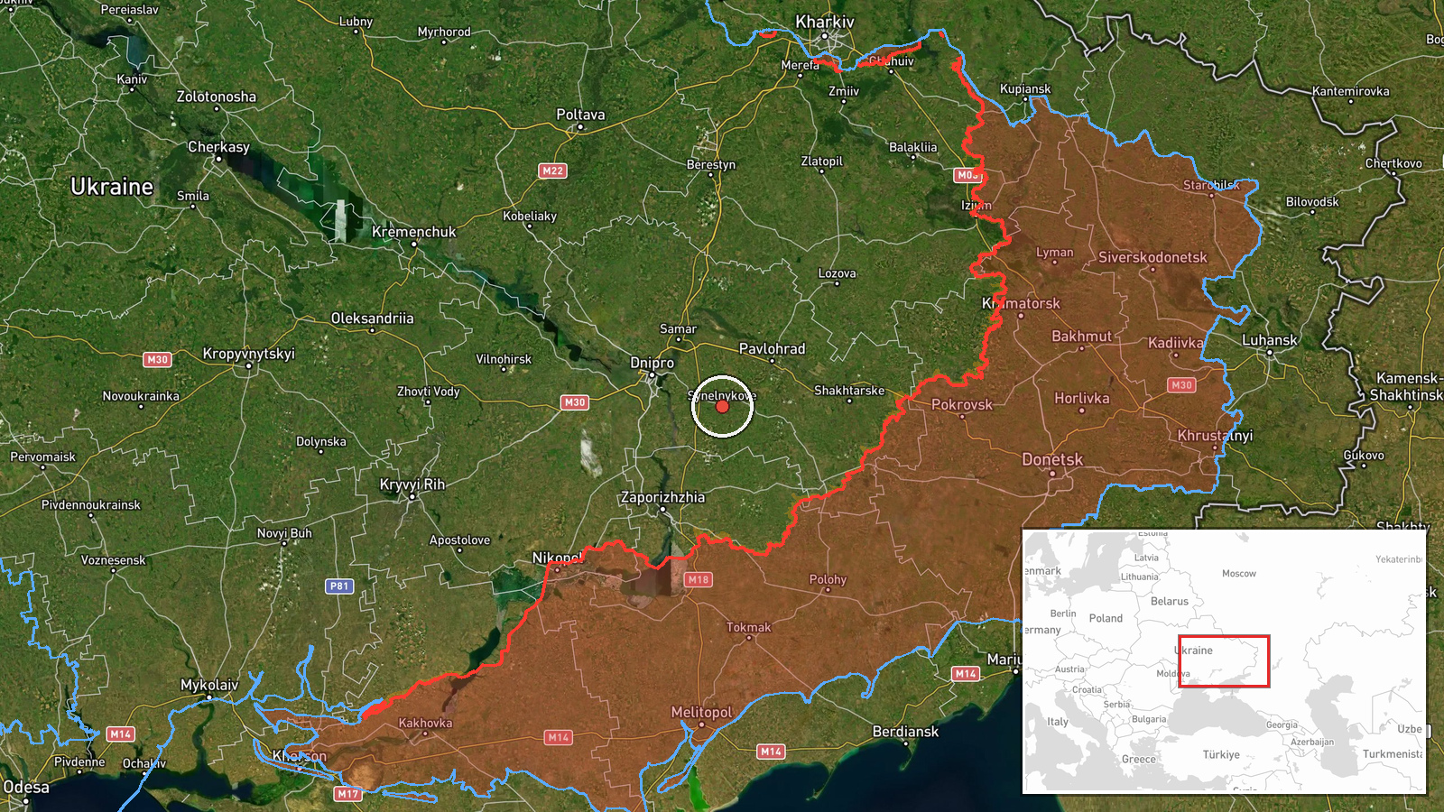 Synelnykove, Dnipropetrovsk Oblast, Ukraine — Drone Transit location map