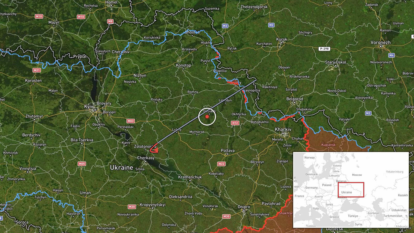 En route: Zolotonosha → Cherkasy, Cherkasy Oblast, Ukraine — Cruise Missile location map