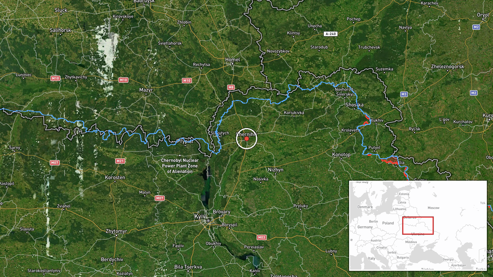 Kyiv Oblast and Chernihiv Oblast, Ukraine — Drone Transit location map