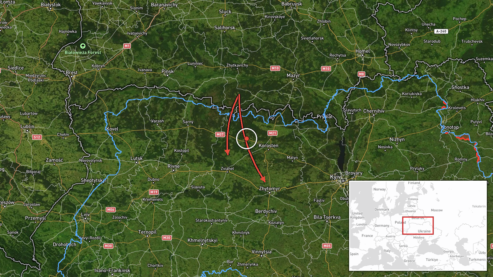 En route: Belarus → Zhytomyr Oblast, Ukraine — Drone Transit location map