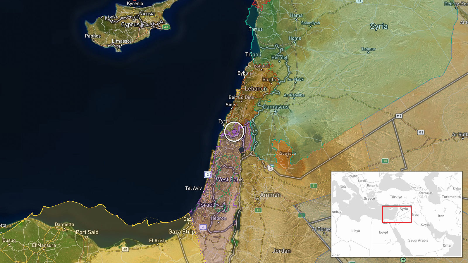 Beit Yahoun, Nabatiyeh Governorate, Lebanon — Artillery location map