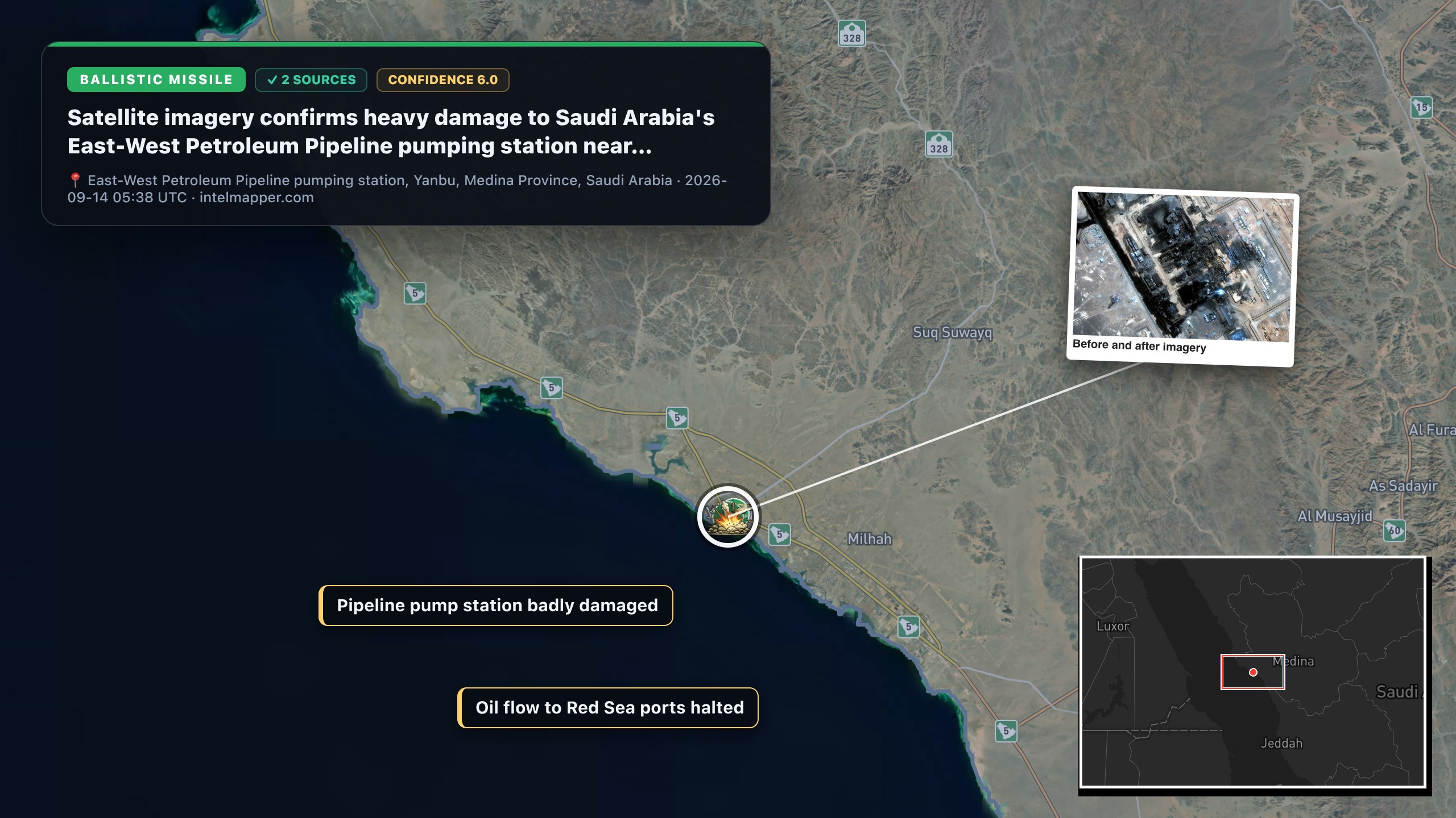 East-West Petroleum Pipeline pumping station, Yanbu, Medina Province,  — annotated map