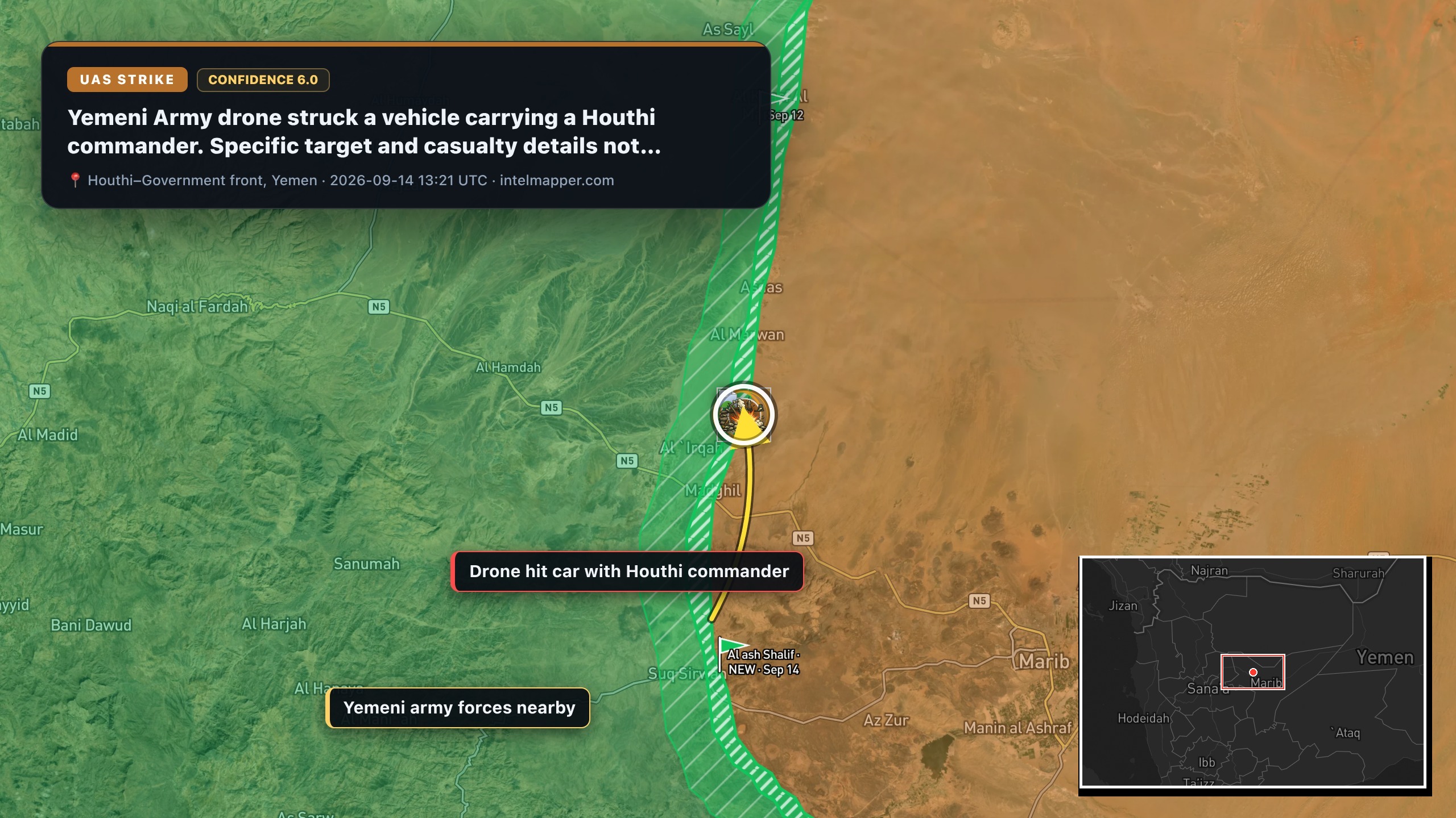 Houthi–Government front, Yemen — annotated map