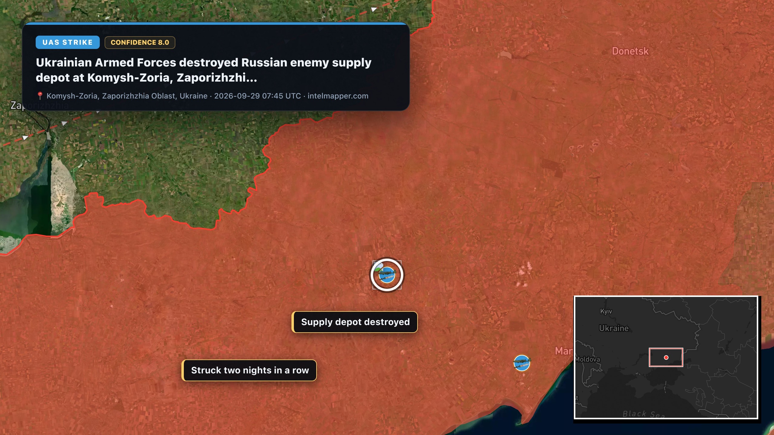 Komysh-Zoria, Zaporizhzhia Oblast, Ukraine — annotated map